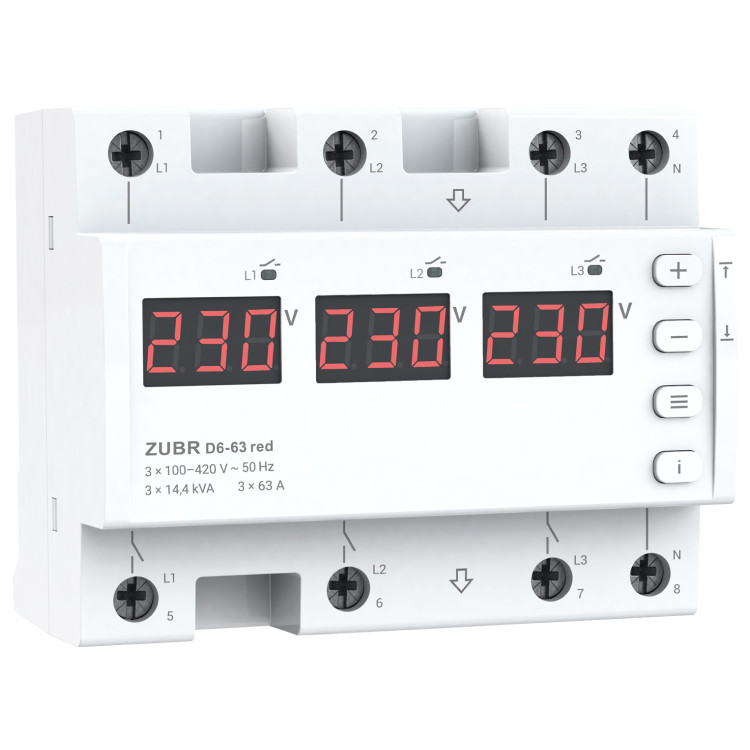 Releu de protectie tensiune trifazat, 63A, 6M, ZUBR, D6-63 red, sina DIN - imagine 9